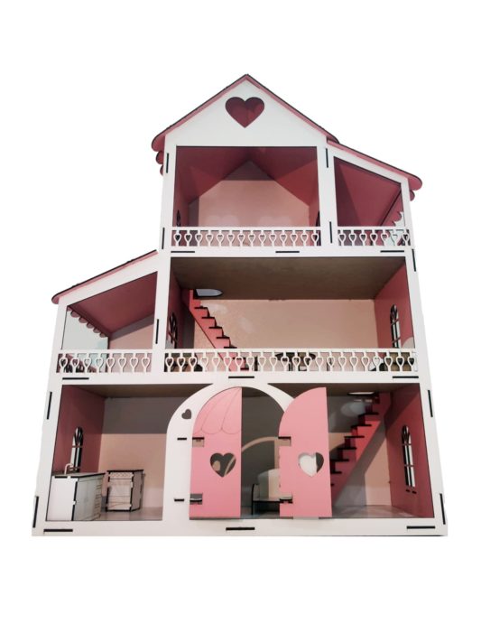 IŞIKLI, DEMONTE Ahşap Büyük Boy Kapılı Mobilyalı Prenses Oyun Evi Maket Ev Barbie Tarzı - PEMBE - Görsel 2