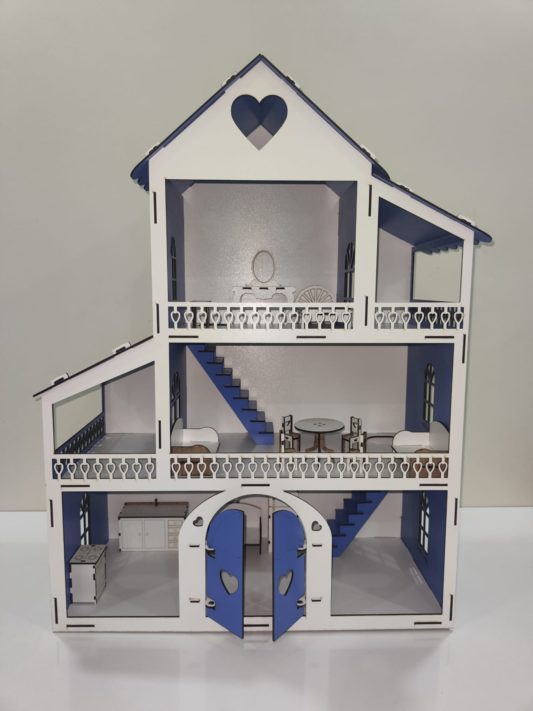 IŞIKLI, DEMONTE Ahşap Büyük Boy Kapılı Mobilyalı Prenses Oyun Evi Maket Ev Barbie Tarzı - MAVİ - Görsel 5