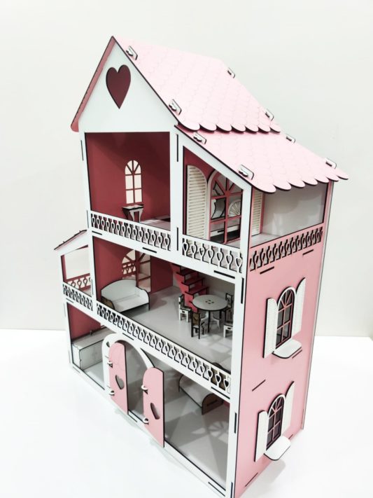 IŞIKLI, DEMONTE Ahşap Büyük Boy Kapılı Mobilyalı Prenses Oyun Evi Maket Ev Barbie Tarzı - PEMBE