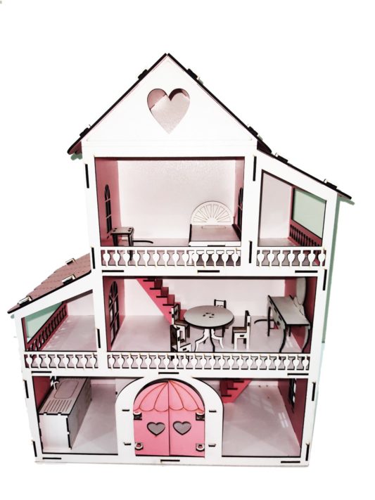 IŞIKLI, DEMONTE Ahşap Büyük Boy Kapılı Mobilyalı Prenses Oyun Evi Maket Ev Barbie Tarzı - PEMBE - Görsel 4