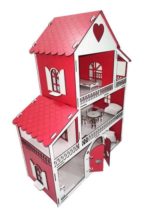 IŞIKLI, DEMONTE Ahşap Büyük Boy Kapılı Mobilyalı Prenses Oyun Evi Maket Ev Barbie Tarzı - KIRMIZI - Görsel 6
