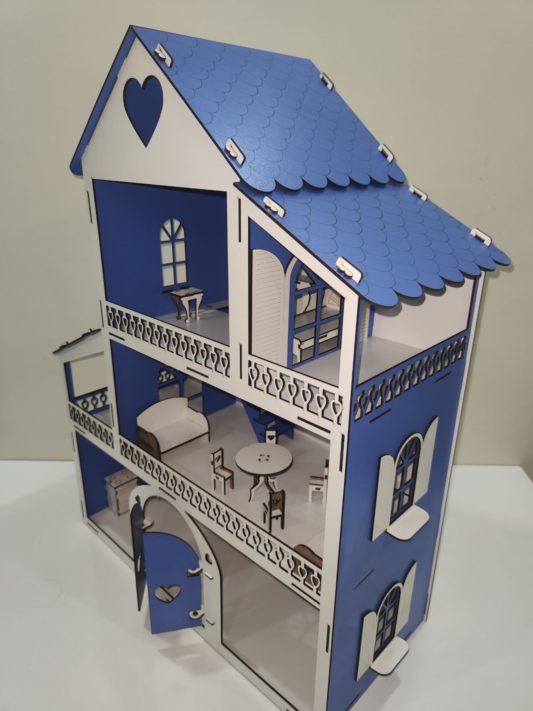 IŞIKLI, DEMONTE Ahşap Büyük Boy Kapılı Mobilyalı Prenses Oyun Evi Maket Ev Barbie Tarzı - MAVİ