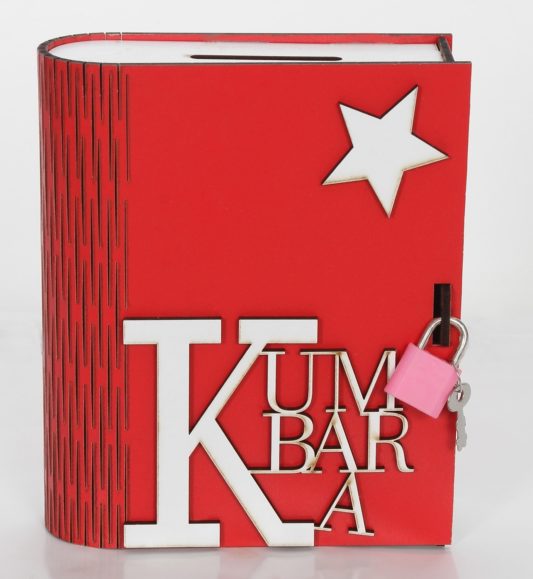Anahtarlı Ahşap Kitap Kumbara Kırmızı Renk 3mm Mdf Kabartmalı Yazılı