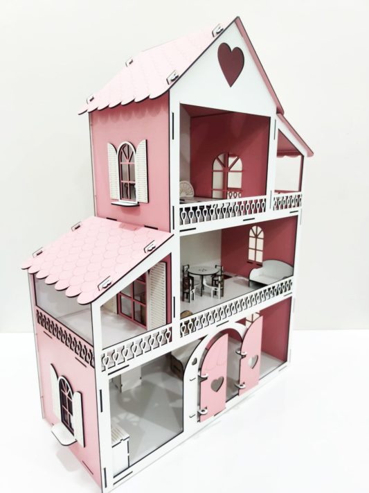 IŞIKLI, DEMONTE Ahşap Büyük Boy Kapılı Mobilyalı Prenses Oyun Evi Maket Ev Barbie Tarzı - PEMBE - Görsel 5