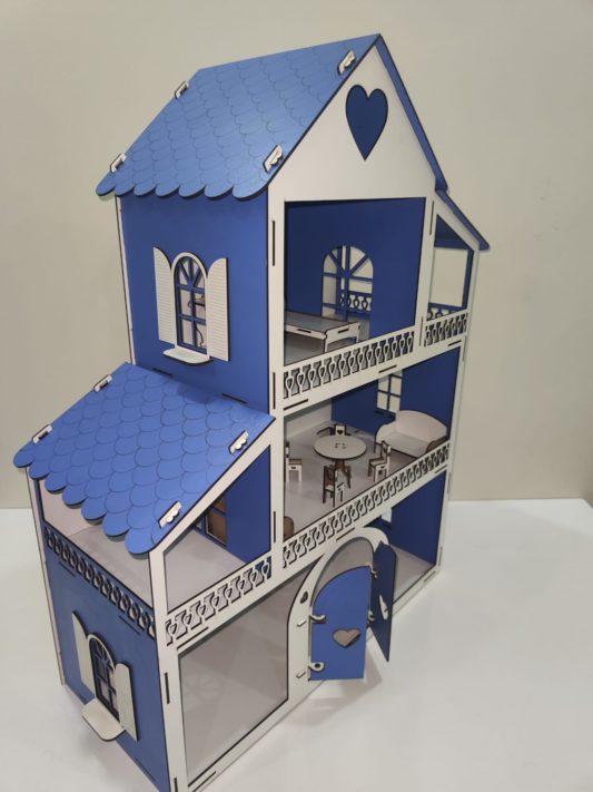 IŞIKLI, DEMONTE Ahşap Büyük Boy Kapılı Mobilyalı Prenses Oyun Evi Maket Ev Barbie Tarzı - MAVİ - Görsel 3