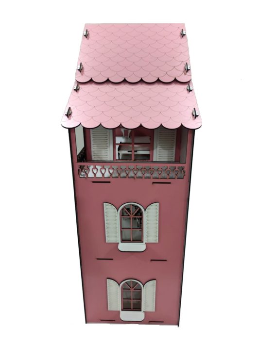 IŞIKLI, DEMONTE Ahşap Büyük Boy Kapılı Mobilyalı Prenses Oyun Evi Maket Ev Barbie Tarzı - PEMBE - Görsel 3