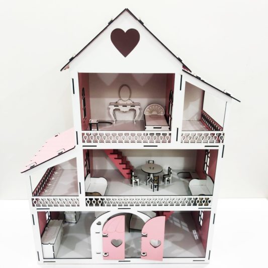 IŞIKLI, DEMONTE Ahşap Büyük Boy Kapılı Mobilyalı Prenses Oyun Evi Maket Ev Barbie Tarzı - PEMBE - Görsel 6