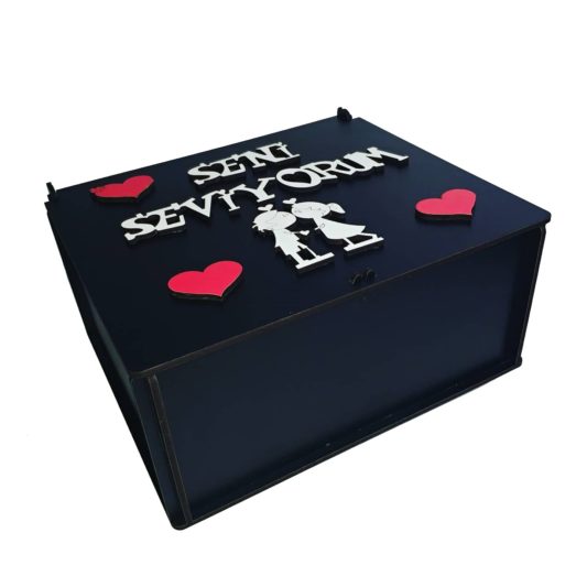 Ahşap Dekoratif Seni Seviyorum Yazılı Kutu 3mm Mdf 20x17x9cm Sevgililer Günü Hediye Kutusu