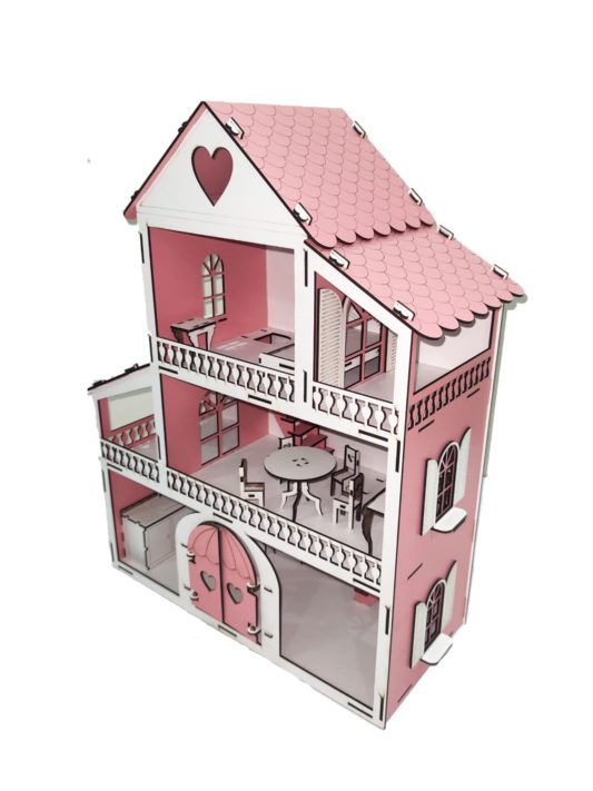 IŞIKLI, KURULU Ahşap ORTA Boy Kapılı Mobilyalı Prenses Oyun Evi Maket Ev Barbie Tarzı - PEMBE