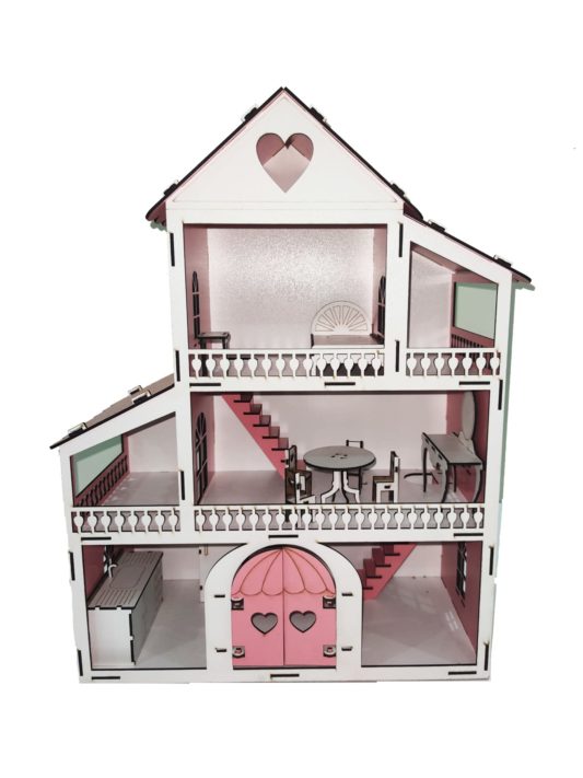 IŞIKLI, KURULU Ahşap ORTA Boy Kapılı Mobilyalı Prenses Oyun Evi Maket Ev Barbie Tarzı - PEMBE - Görsel 3