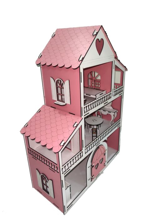 IŞIKLI, KURULU Ahşap ORTA Boy Kapılı Mobilyalı Prenses Oyun Evi Maket Ev Barbie Tarzı - PEMBE - Görsel 2