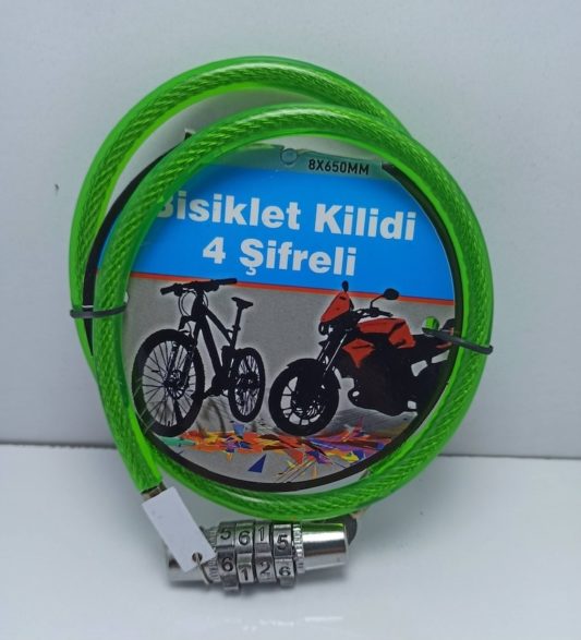 Şifreli Bisiklet Kilidi - 8mm Kalınlık 65cm Renkli Dışı Plastik Kaplı Çelik halat