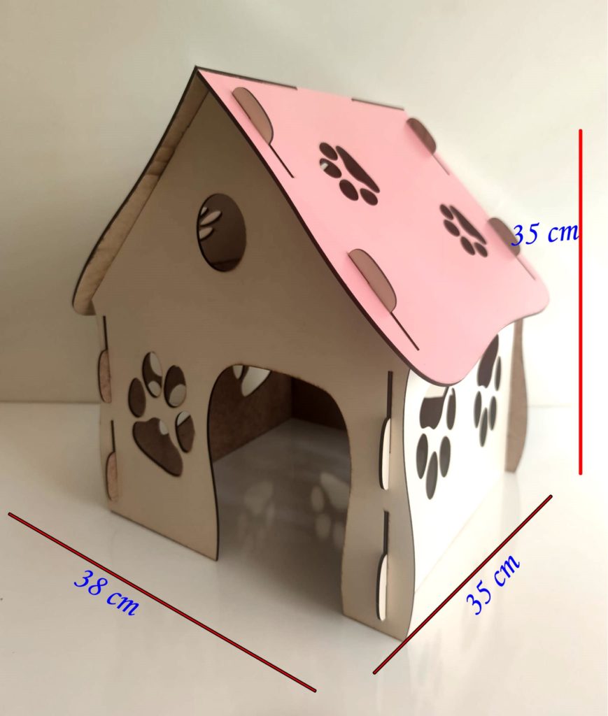 Ahşap Kedi Evi, 3mm Mdf lazer Kesim 38cmx35cmx35cm Pembe Renk EmAy