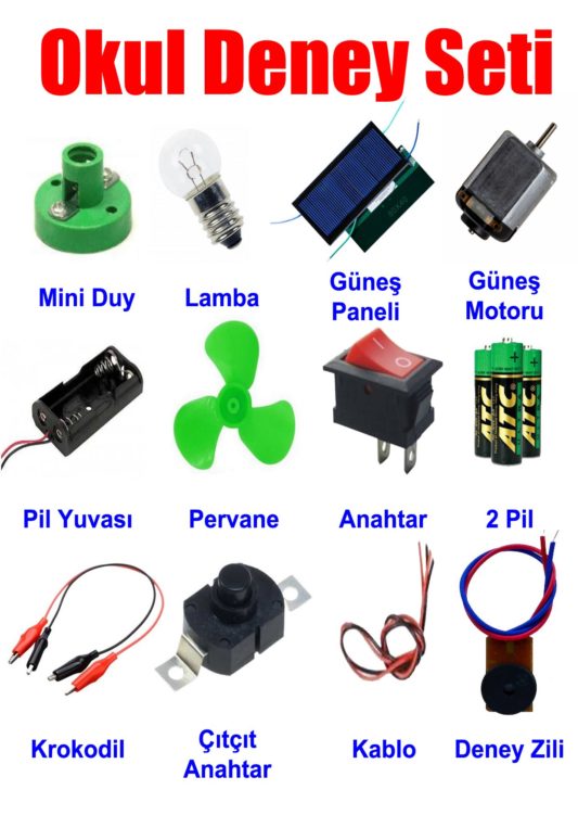 Okul Deney Seti - 8 Güneş Paneli, Duy, Anahtar, Pil, Motor, Krokodil Full Set
