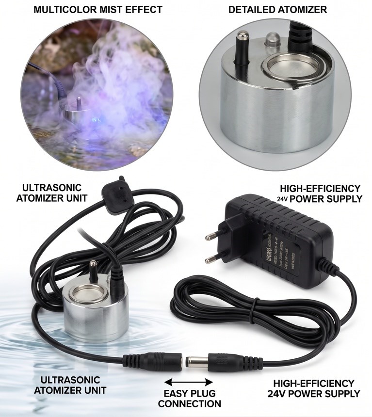 24V Adaptörlü Ultrasonik Sis Yapıcı Su Altı Buhar ve Sis Efekti Atomizer Seti - Görsel 2