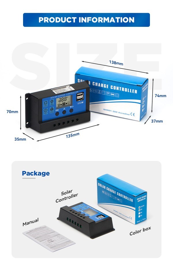 30A Güneş Paneli Şarj Kontrol Cihazı 12V 24V Otomatik Regülatörü LCD Ekranlı Çift USB - Görsel 10
